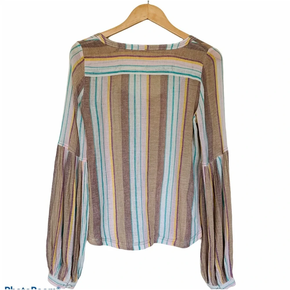FREE PEOPLE Size S Gauze Button Down Stripe Cotton Blouse Wide Pleated Sleeve